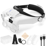 GUOUBUO Headband Magnifying Glasses with Light, 1X-14X Magnifying Glass with Detachable Headstrap, Rechargeable Headset Magnifier, 7 Replaceable Lens Visor Head Mount Magnifying Glasses for Close Work