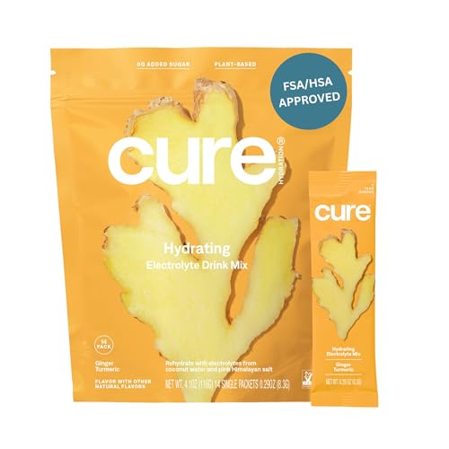 Cure Hydrating Electrolyte Mix | Powder for Dehydration Relief | FSA & HSA Eligible | Made with Coconut Water | No Added Sugar | Vegan | Paleo Friendly | Pouch of 14 Packets - Ginger Turmeric