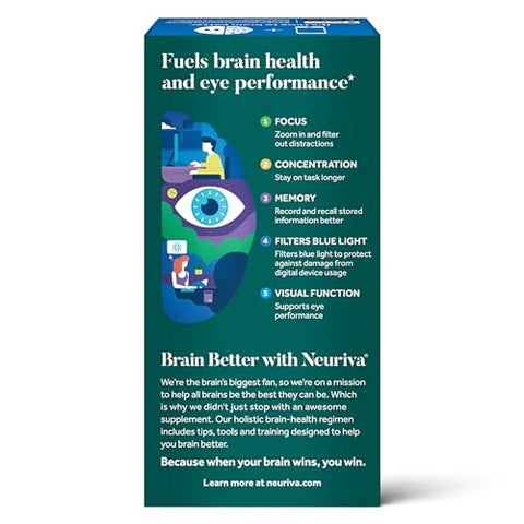 NEURIVA Brain + Eye Supplement for Memory, Focus & Concentration with Lutein & Vitamins A C E and Zinc for Eye Health & Zeaxanthin to Filter Blue Light, 30ct Capsules