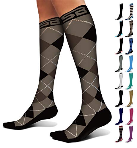 SB SOX Compression Socks (20-30mmHg) for Men & Women – Best Compression Socks for All Day Wear, Better Blood Flow, Swelling! (Large, Dress-Black Argyle)