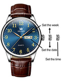 OLEVS Brown Men Watches Blue Big Dial Leather Analog Mens Watch Casual Luminous Easy Reader Watches for Elderly Three Hands Dress Watch Day and Date Impermeable Male Watch for Fathers Gifts