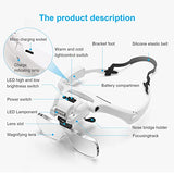 Dilzekui 1.2X to 4.5X Headband Magnifying Glasses with Light, Rechargeable Headband Magnifier Visor with 5 Detachable Lenses, Head Mount Magnifier for Close Work, Jewelry, Loupe, Crafts, Repair