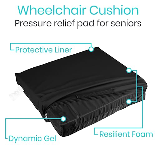 Vive Waterproof Wheelchair Cushion for Pressure Relief (18x16x3) - Washable Cover Incontinence Protection for Elderly Adults & Seniors - Memory Foam Gel Pad for Recliners, Office Chairs, Car, Travel