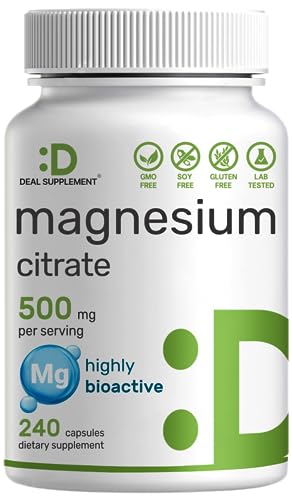 Magnesium Citrate 500mg, 240 Capsules | Easily Absorbed, Purified Trace Mineral – Muscle, Heart, & Digestive Support – One a Day, Non-GMO