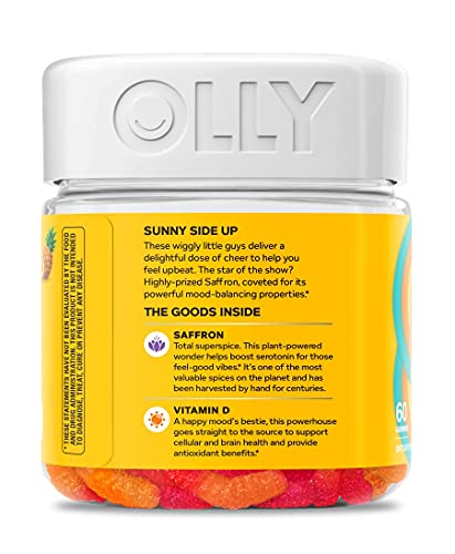 OLLY Hello Happy Gummy Worms, Mood Balance Support, Vitamin D, Saffron, Adult Chewable Supplement, Tropical Zing - 60 Count