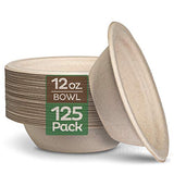 Paper Bowls, 100% Compostable Disposable Soup Bowl [125-Pack] - (PFAS-Free) - (BPI Certified) - [12 oz] Heavy Duty, Eco-Friendly, Biodegradable Bagasse Hot Food Plates and Bowls - Natural Brown