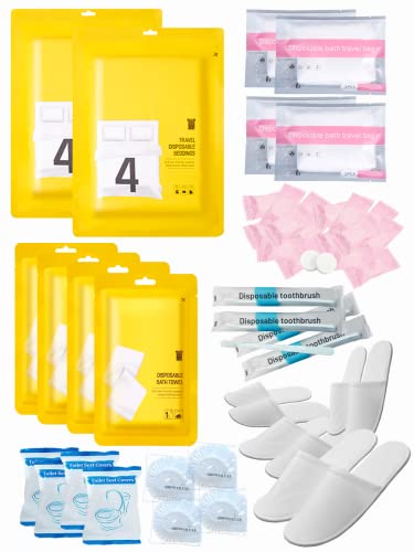 Extguds Disposable Travel Set : Bed Sheet×2+Duvet Cover×2+Pillow case×4+Bath Towels×4+Shower Caps×4+Plastic Bathtub Bag×4+Toilet Seat Covers×4+Compression face Towel×16+Toothbrushes×4+Slippers×4