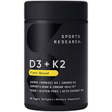 Sports Research Vitamin D3 + K2 with 5000iu of Plant-Based D3 & 100mcg of Vitamin K2 as MK-7 Non-GMO Verified & Vegan Certified,Softgel (60ct)