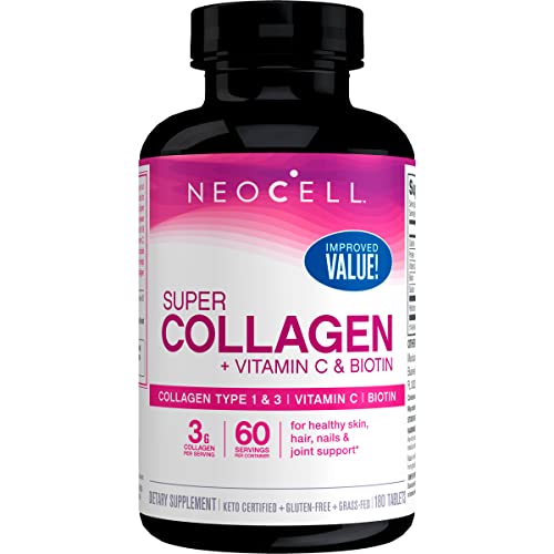 NeoCell Super Collagen Peptides + Vitamin C & Biotin, 3g Collagen Per Serving, Gluten Free, Promotes Healthy Hair, Beautiful Skin, and Nail Support, Dietary Supplement, 180 Tablets