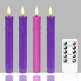 Mavandes Flameless Flickering Advent Taper Candles Remote, 7.5 Inch Purple and Pink Battery Operated LED Candles Timer,Set of 4 Plastic Dripping-Wax Effect Flameless Candlesticks(0.86” Dia)