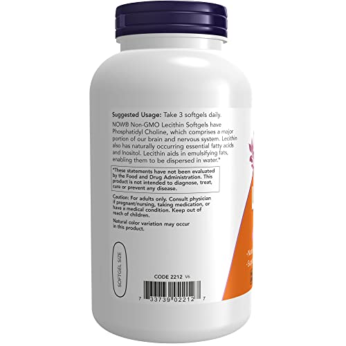 NOW Supplements, Lecithin 1200 mg with naturally occurring Phosphatidyl Choline, 200 Softgels