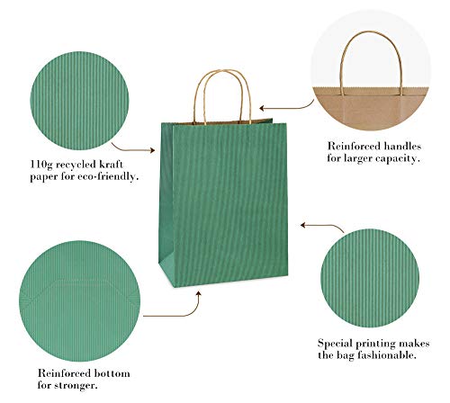 BagDream Shopping Bags 8x4.25x10.5 Inches 100Pcs Gift Bags Kraft Bags Retail Bags Green Stripe Paper Bags with Handles Bulk, 100% Recycled Paper Gift Bags