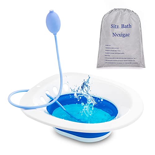 Nvxigac Sitz Bath for Toilet Seat, Sitz Bath for Hemorrhoids, Sitz Bath for Postpartum Care, Soothes Seat for Toilet, Wider Deeper Bowl, Collapsible Sitz Basin with Flusher, Fits Universal Toilet
