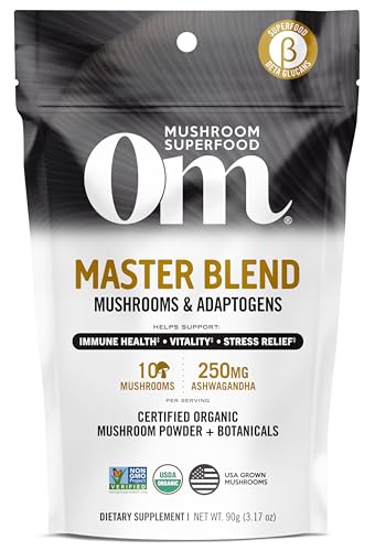 Om Mushroom Superfood Master Blend Mushrooms & Adaptogens, Powder Supplement, 3.17 Ounce, 34 Serving, 10 Mushroom Complex, Lion’s Mane, Adaptogens for Immune Health, Stress Relief (Packaging May Vary)