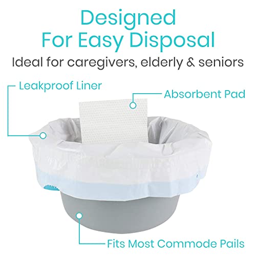 Vive Commode Liners with Absorbent Pads - Portable Toilet Bedside Chair Replacement Bags - Disposable Porta Potty Liners for Bariatric Standard Arm 3 in 1 Folding Buckets - Leakproof (72 Pack)