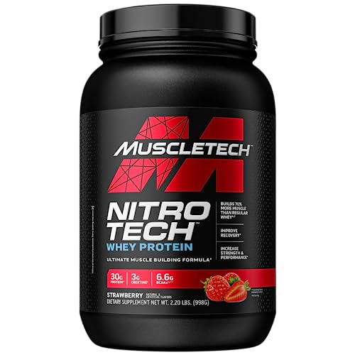 Whey Protein Powder MuscleTech Nitro-Tech Whey Protein Isolate & Peptides Protein + Creatine for Muscle Gain Muscle Builder for Men & Women Sports Nutrition Strawberry, 2.2 lb (22 Servings)