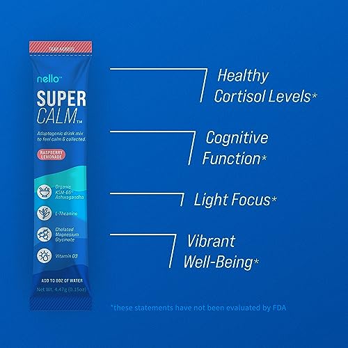 Nello Supercalm Drink Mix - Ashwagandha KSM 66, Magnesium Glycinate & L-Theanine Supplement, Vitamin D3 - Ashwagandha Root Extract - Focus & Cortisol Support (20 Travel Packets)