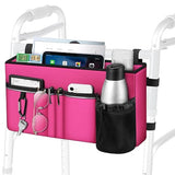 FINPAC Large Walker Tote Bag with Cup Holder, Folding Walker Attachment Hands-Free Storage Basket Mobility Aid Accessory Pouch for Elderly, Senior, Magenta