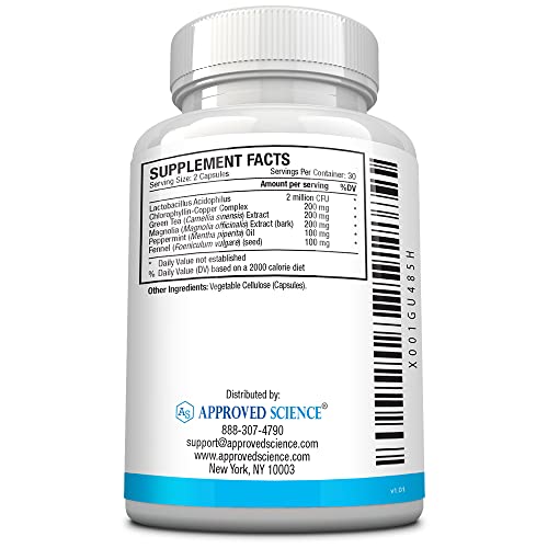 Approved Science Odorol - 60 Capsules - Freshen Bad Breath and Body Odor - Contains L.acidophilus, Green Tea, Magnolia Bark, Peppermint Oil, and Fennel - All Natural, Vegan Friendly, Non-GMO