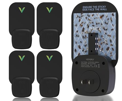 VEYOFLY Flying Insect Trap for Indoors - Plug-in Fly Traps: Catch Fruit Flies, Mosquitoes, Gnats, Moths & Other Insects with UV Light and Sticky Board - Gnat Killer for Home. (4-PK Device Black)