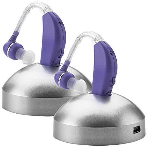 Digital Hearing Aid Amplifier Set - Premium Rechargeable Behind The Ear Personal Sound Amplification Device - for Adults and Seniors with All-Day Battery Life, (Pair, Purple)