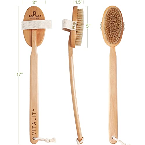 Zen Me Premium Vegan Bristle Brush, Exfoliating Brush with Firm Natural Bristles for Cellulite and Lymphatic, Body Scrub Brush for Experienced Users, with Detox eBook Gift, (Set of 3)