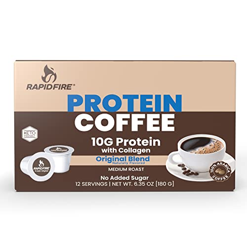 RAPID FIRE Protein Coffee, Original Blend, Keto Friendly, 10g of Protein with Collagen, Vitamins and Minerals, 12 Single Serve K-Cups, May Boost Metabolism and Increase Energy, Multicolor