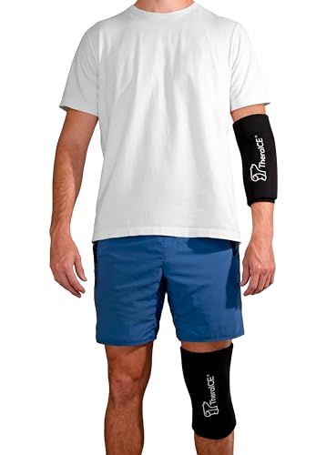 TheraICE Elbow & Knee Ice Pack for Injuries Compression Sleeve, Reusable Gel Cold Pack for Knee, Elbow, Ankle, Calf - Flexible Cold Wrap Recovery for Meniscus, ACL, MCL, Pain Relief (M) Black