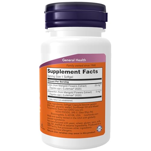 NOW Supplements, Lutein & Zeaxanthin with 25 mg Lutein and 5 mg Zeaxanthin, 60 Softgels