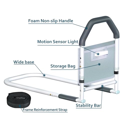 Bed Rails for Elderly Adults Safety - with Motion Light & Storage Pocket - Adjustable Bed Assist Rails for Seniors & Patients - Safety Bed Cane Fits Any Bed