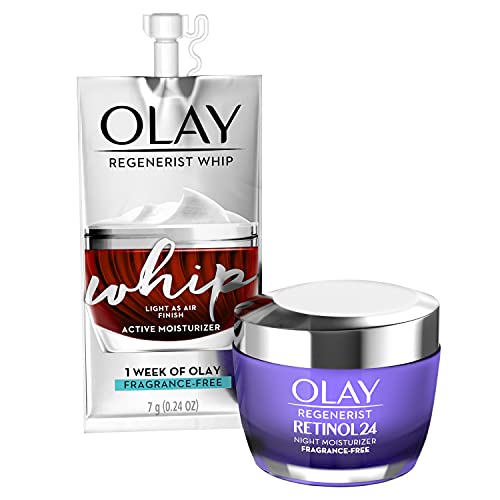 Olay Regenerist Retinol Moisturizer, Retinol 24 Night Face Cream with Niacinamide, Anti-Wrinkle Fragrance-Free 1.7 oz, Includes Olay Whip Travel Size for Dry Skin