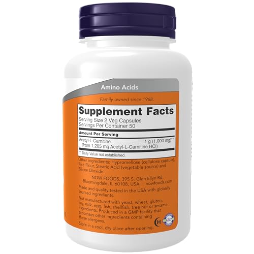 NOW Supplements, Acetyl-L Carnitine 500 mg, Amino Acid, Brain And Nerve Cell Function*, 100 Veg Capsules