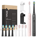 Bitvae Electric Toothbrushes 2 Pack Ultrasonic Toothbrush with Holders, Dual Ultrasonic Electronic Toothbrush 8 Brush Heads 5 Modes, Rechargeable Power Toothbrush for 30 Days Using, Black & Pink