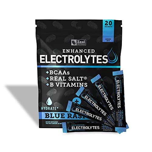 Enhanced Powder Stick Packs (Blue Raspberry - 20 Packets) Sugar Free + BCAA B-Vitamins & Real Salt® - Keto Electrolytes, Hydration Powder w Potassium, Sodium, Zinc, Magnesium Hydration & Recovery