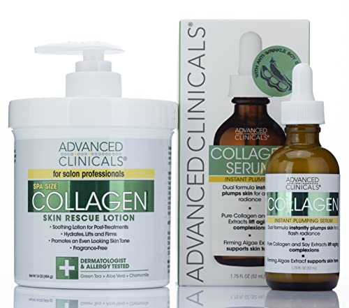 Advanced Clinicals Collagen Cream + Collagen Serum 2PC Set Bundle | Face Serum & Body Cream Moisturizer Lotion Plumping Skin Care Set & Kits For Wrinkles, Uneven Skin Tone, & Dry Skin, Fragrance Free