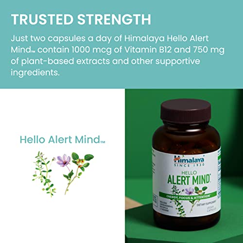 Himalaya Hello Alert Mind with Ashwagandha, Bacopa, L-Theanine, Vitamin B6 & B12, for Energy, Focus & Attention, Vegan, Gluten Free, 60 Capsules