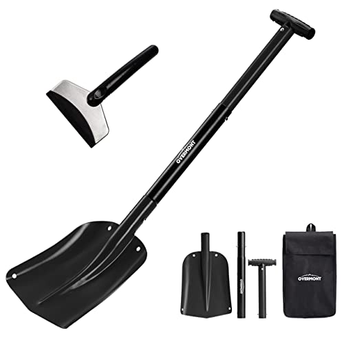 Overmont Collapsible Snow Shovel Aluminum - Lightweight Snow Utility with Ice Scraper and Carrying Bag Sizes 32 and 42 Inch