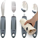 BUNMO Adaptive Utensils for Elderly, Arthritis, Weak Hand Grip & Handicapped | 4 Piece Set | Convenient Travel Pouch | Lightweight | Easy Grip Handles | Stainless Steel | Eat Independently