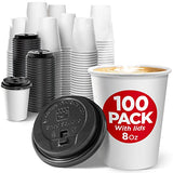 Disposable White Coffee Cups with Lids 8 oz (100 Pack) - To Go Paper Coffee Cups for Hot & Cold Beverages, Coffee, Tea, Hot Chocolate, Water, Juice - Eco Friendly Cups