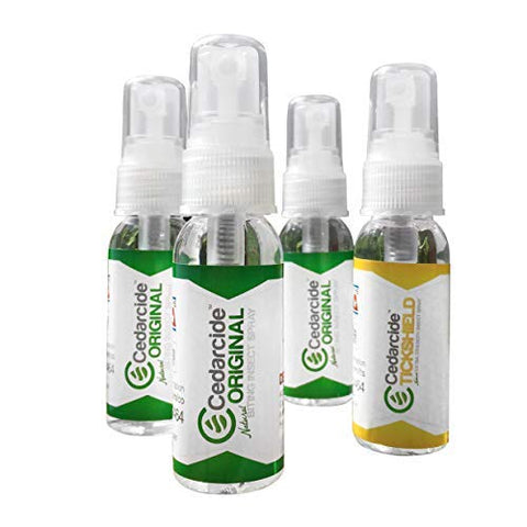Cedarcide Original & Tickshield Family Pack | Natural Cedar & Lemongrass Oil Bug Spray | Eco-Friendly, Family-Safe Flea & Tick Repellent | Pack of 4, 1oz Spritzers
