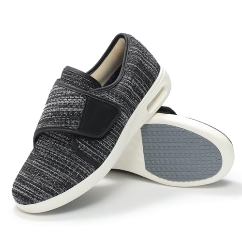 QHBPMGAD Womens Diabetic Shoes for Women Wide Width Elderly Shoes with Adjustable Closure Breathable Swollen Feet Walking Edema Sneakers Black Grey Size 8