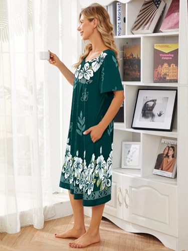 UDFORSK Moo Moo Nightgrown for Women Plus Size House Dress with Pockets Florar Print Muumuu Dresses Women Duster Housecoat House Dresses for Elderly Patio Dress Dark Green 3XL