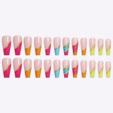 MISUD 24Pcs French Coffin Press on Nails, Colorful Glossy Fake Nails, Long Ballerina Acrylic Nails, Gold Stripe Line False Nails with Design for Women & Girls