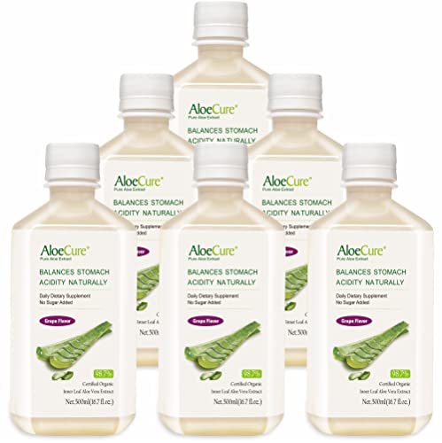 AloeCure USDA Organic Aloe Vera Juice Grape Flavor, Made Within 12 Hours of Harvest - Pure Aloe Juice Beverage, Natural Digestive & Immune Support, Support Balanced Stomach Acidity, 6 Bottles x 16.7oz