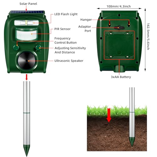 2024 Upgraded Solar Animal Repellent Cat Repellent Squirrel Repellent Outdoor Ultrasonic pest Repeller Waterproof Motion Sensor Strobe Lights Skunk Deterrent Coyote Deterrent Raccoon Repellent