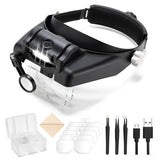 Headband Magnifying Glasses with Light for Close Work, 1X to 14X Rechargeable Magnifier Hands Free Jewelers Loupe Magnifying Visor with 5 Lenses and Tweezers for Crafts Hobby (Black)