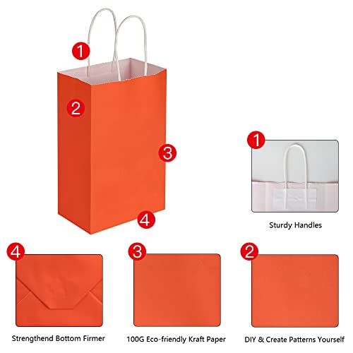 Oikss 100 Pack 5.25x3.25x8.25 inch Small Kraft Bags with Handles Bulk, Paper Bags Birthday Wedding Party Favors Grocery Retail Shopping Business Goody Craft Gift Bags Cub Sacks, Orange 100PCS Count