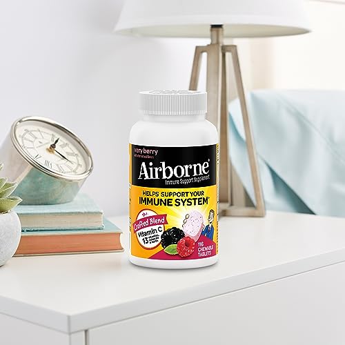 Airborne 1000mg Vitamin C with Zinc, Immune Support Supplement with Powerful Antioxidants Vitamins A C & E - 116 Chewable Tablets, Very Berry Flavor