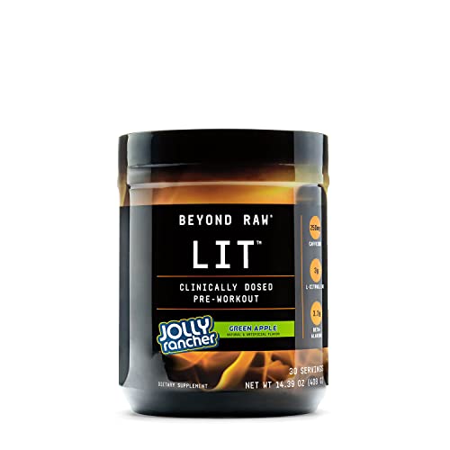 BEYOND RAW LIT | Clinically Dosed Pre-Workout Powder | Contains Caffeine, L-Citrulline, Beta-Alanine, and Nitric Oxide | Jolly Rancher Green Apple | 30 Servings