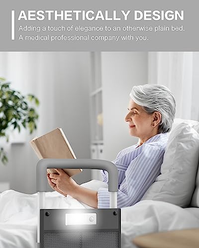 Agrish Bed Rails for Elderly Adults - with Motion Light & Storage Pocket, Bedside Assist Bar for Seniors Handicapped Pregnant- Medical Bed Handles w/Adjustable Lenth, Fit Any Bed, Light Grey